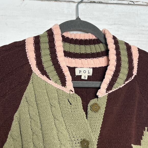POL Star Varsity Cardigan Brown Pink Button Knit Sweater Size Small - Picture 6 of 8